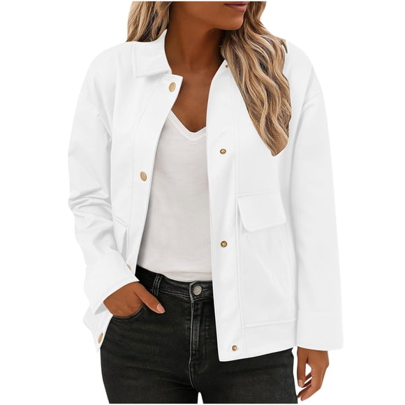NTACZA Bomber Women's Coats White Barn Windbreaker Jacket Button Lapel Collar Solid Streetwear Jackets for Women XL