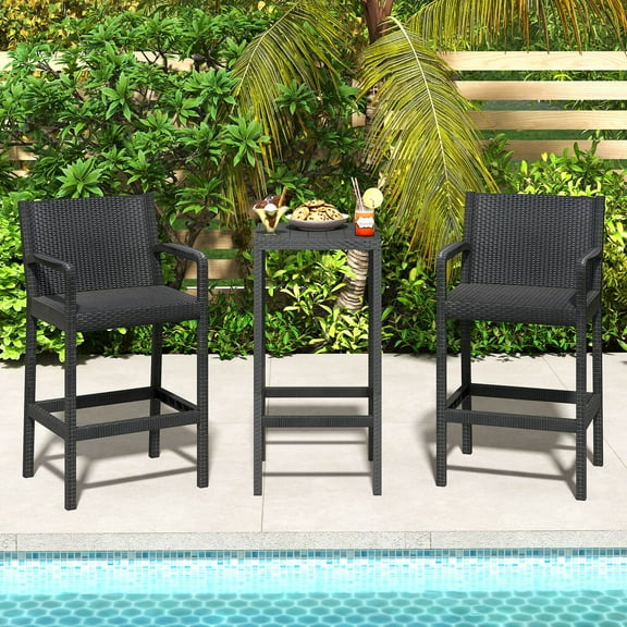 Costway 3 Pieces Patio Bar Set with 2 Stools & 1 Bar Table Curved Backrest Armrests