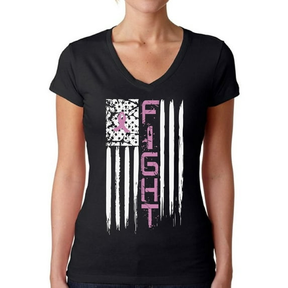 Awkward Styles Women's Breast Cancer American Flag Distressed V-neck T-shirt Fight Pink Ribbon