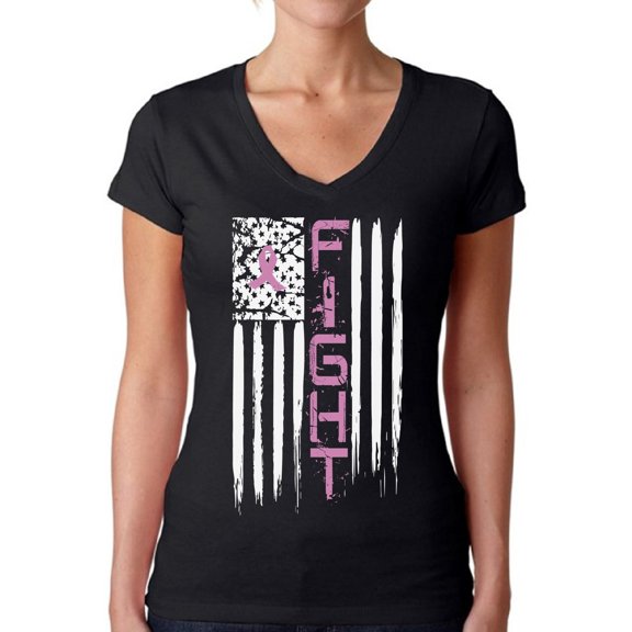 Awkward Styles Women's Breast Cancer American Flag Distressed V-neck T-shirt Fight Pink Ribbon