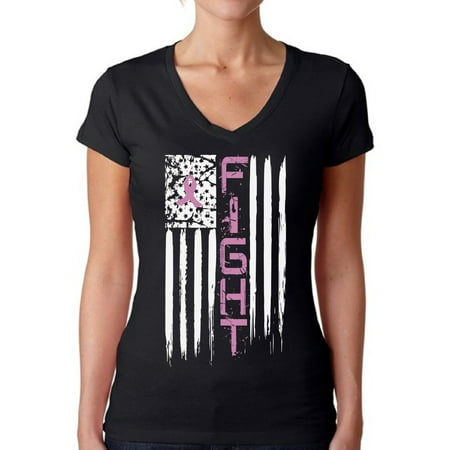 Awkward Styles Women's Breast Cancer American Flag Distressed V-neck T-shirt Fight Pink