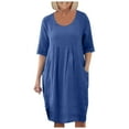 thumbnail image 3 of Riforla Summer Dresses for Women Solid Color Cotton Linen Pockets Tunic Midi Dress Frame Dress Dark Blue S, 3 of 6