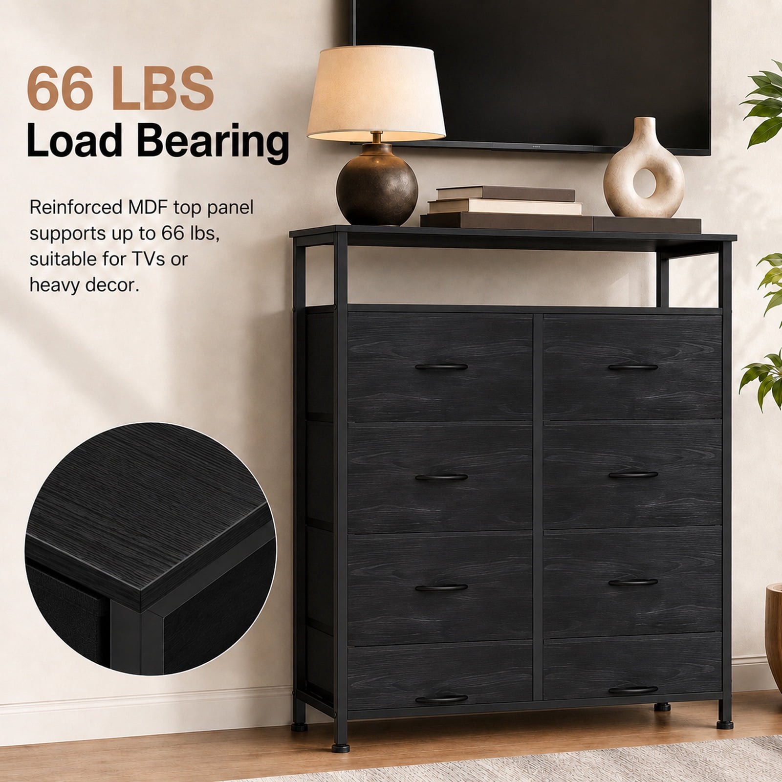 Alvantor 8-Drawer Fabric Dresser with Open Shelf, Chest of Drawers, Steel, MDF, Storage Organizer Unit, Closet, Entryway