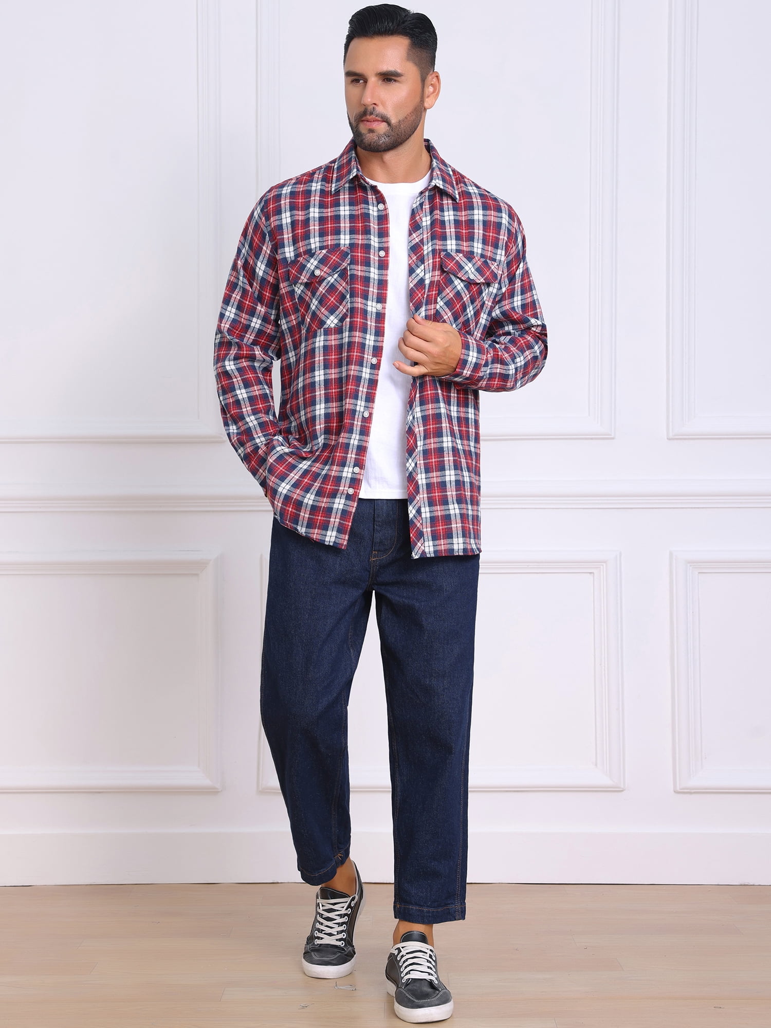 DARING DIVA Men's Contrast Color Slim Fit Long Sleeved Button Down Shirts S Red Navy