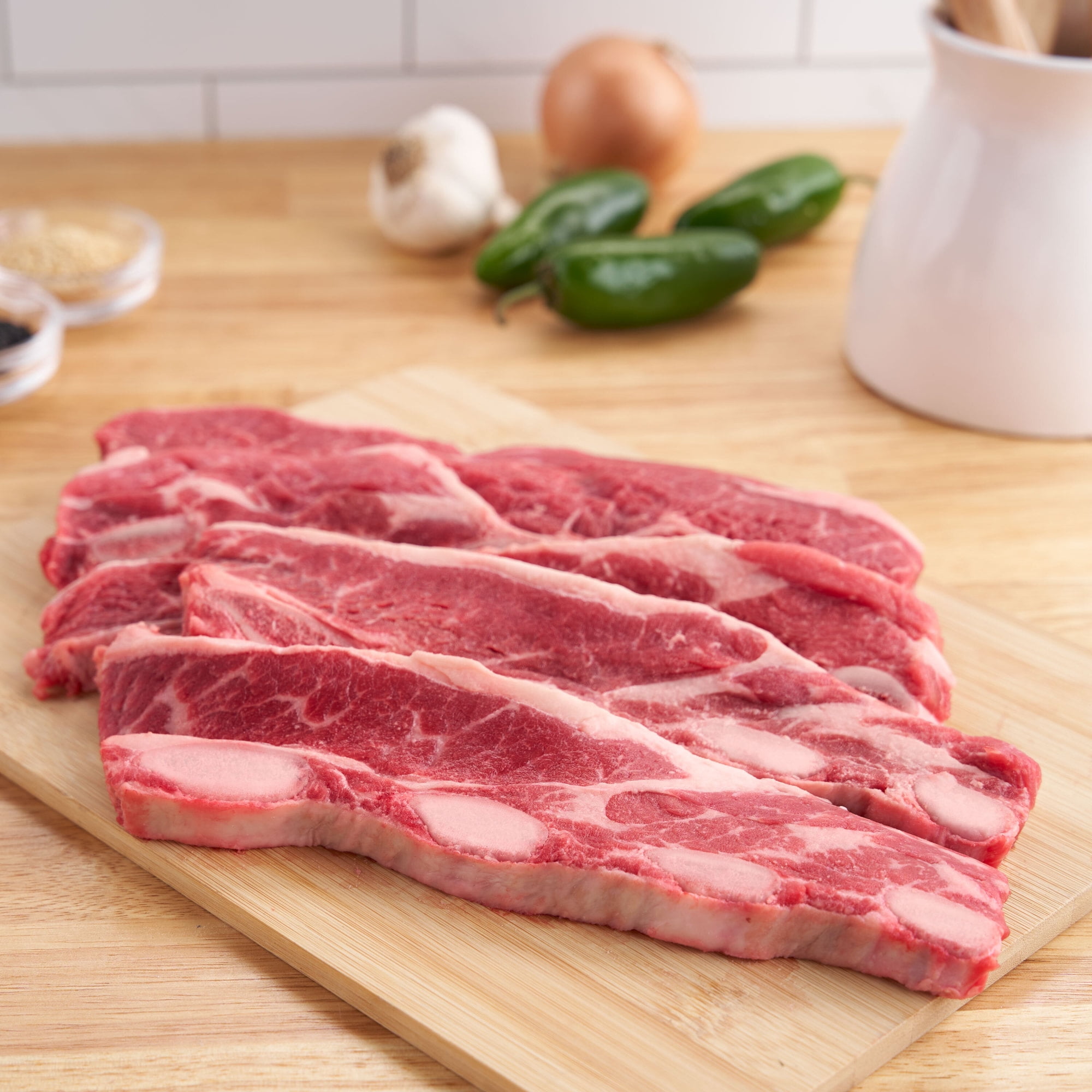 Flanken Style Beef Ribs, Thin Cut, Bone-in, 5 per Tray, Fresh, 1.35 - 2.0 lb