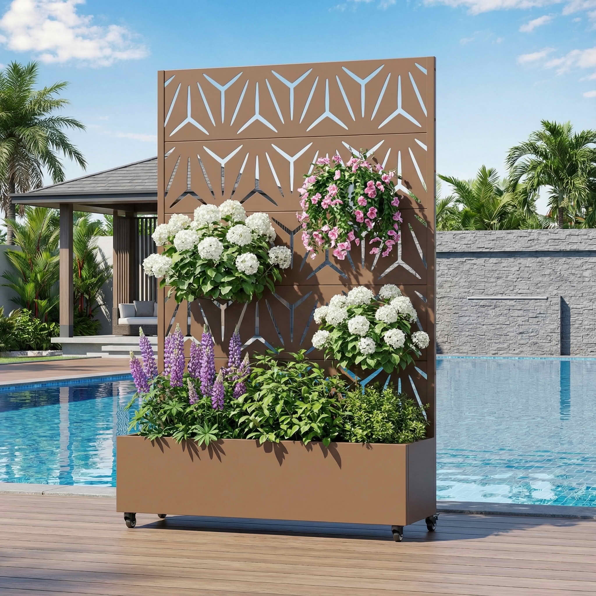 MAYEERTY 72X47" Metal Outdoor Brown Privacy Screen with Planter Box for Backyard & Garden, 5 Piece Set