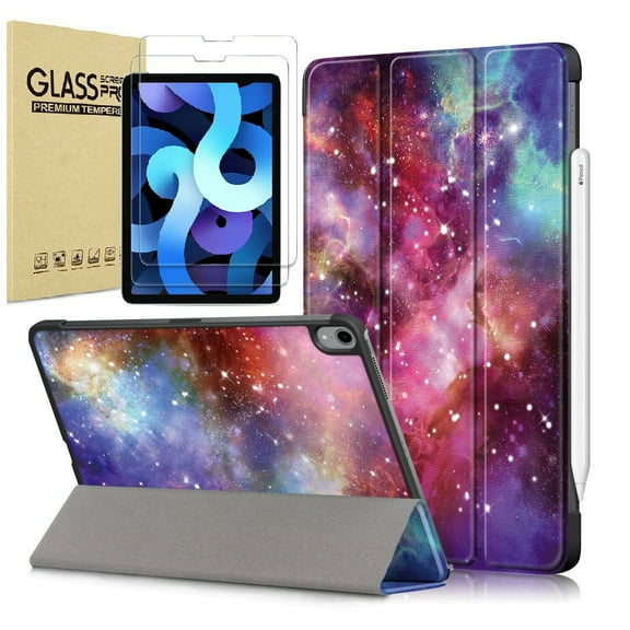 EpicGadget iPad Air 5 Case (5th Gen 2022)/ iPad Air 4 Case (4th Gen 2020) 10.9 with 2 PCS Tempered Glass Screen Protector for 10.9-inch iPad Air, Smart Cover Support Apple Pencil Charging (Galaxy)