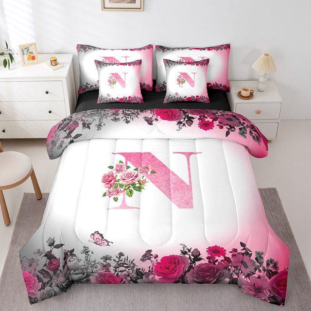 Erosebridal Ensemble de Literie Initiale Taille Simple, Ensemble de Couette Personnalisé Monogrammé avec Draps, Décoration Florale, Réversible, Respirant, 7 Pcs