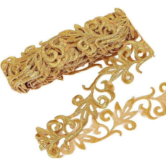 4.37 Yards Gold Embroidery Polyester Ribbons 1.3 Inch Wide Adhesive Goldenrod Lace Trim Iron on Metallic Flower Lace for Sewing Costumes Gowns Home Decor Garment Accessories 1set