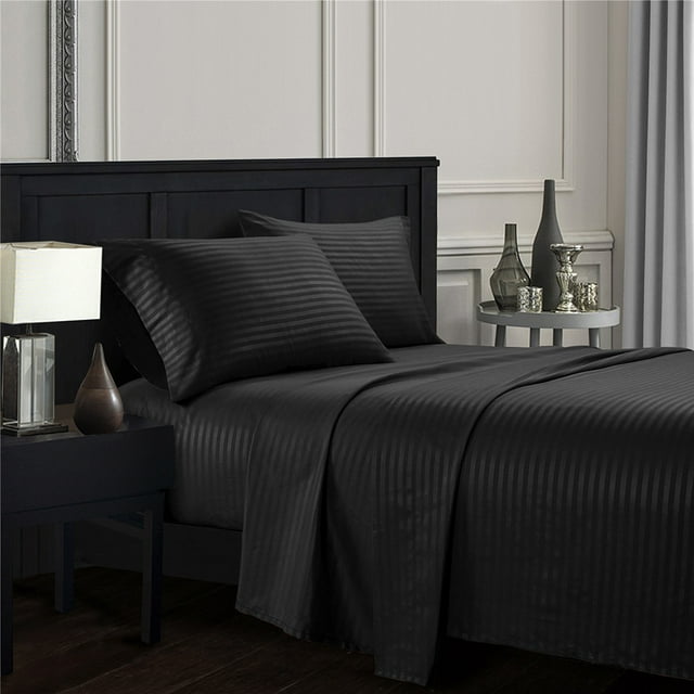 Topcobe Queen Size Striped Bed Sheet Set with Deep Pocket Fitted Sheet, Black
