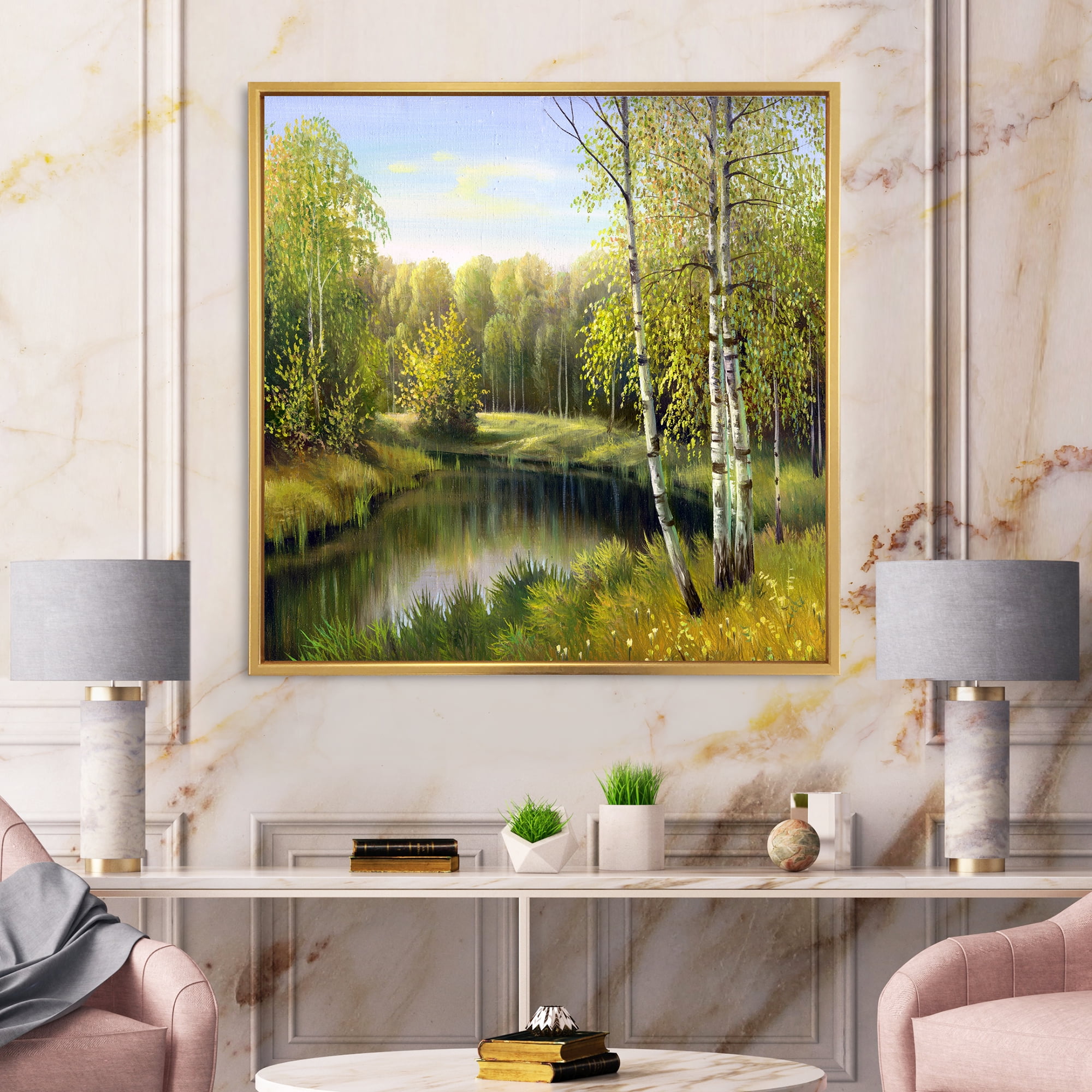 Designart 'The River In Silent Green Nature Through Birches' Traditional Framed Canvas Wall Art Print