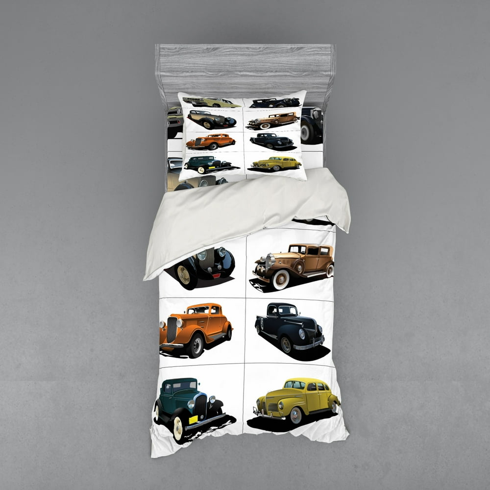 Cars Duvet Cover Set, Rare Fifties Vintage Vehicle Closed Roof Tops