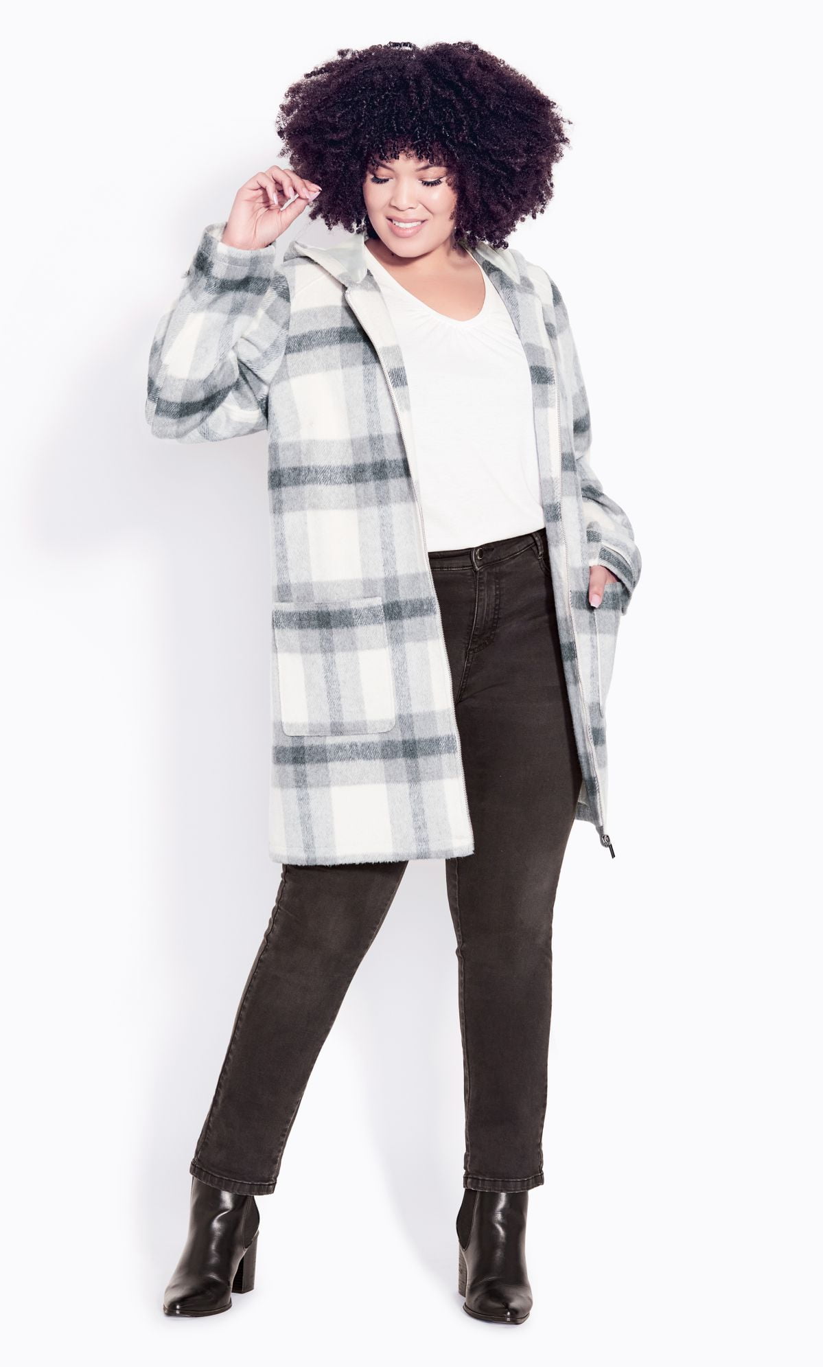 Evans Women's Plus Size Hooded Check Long Sleeve Coat
