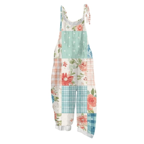 JULMCOMO Cotton Linen Jumpsuits for Women Floral Print Adjustable Strap Baggy Overalls Sleeveless Vintage Casual Jumpsuits Cyan 3XL