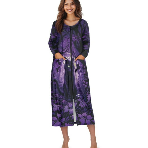 Xoenoiee Cat Bat Maple Leaves Print Women's Zipper Robe Halloween Long Sleeves Housecoat Full Length Nightgown Soft Loungewear Robe with Pockets, L