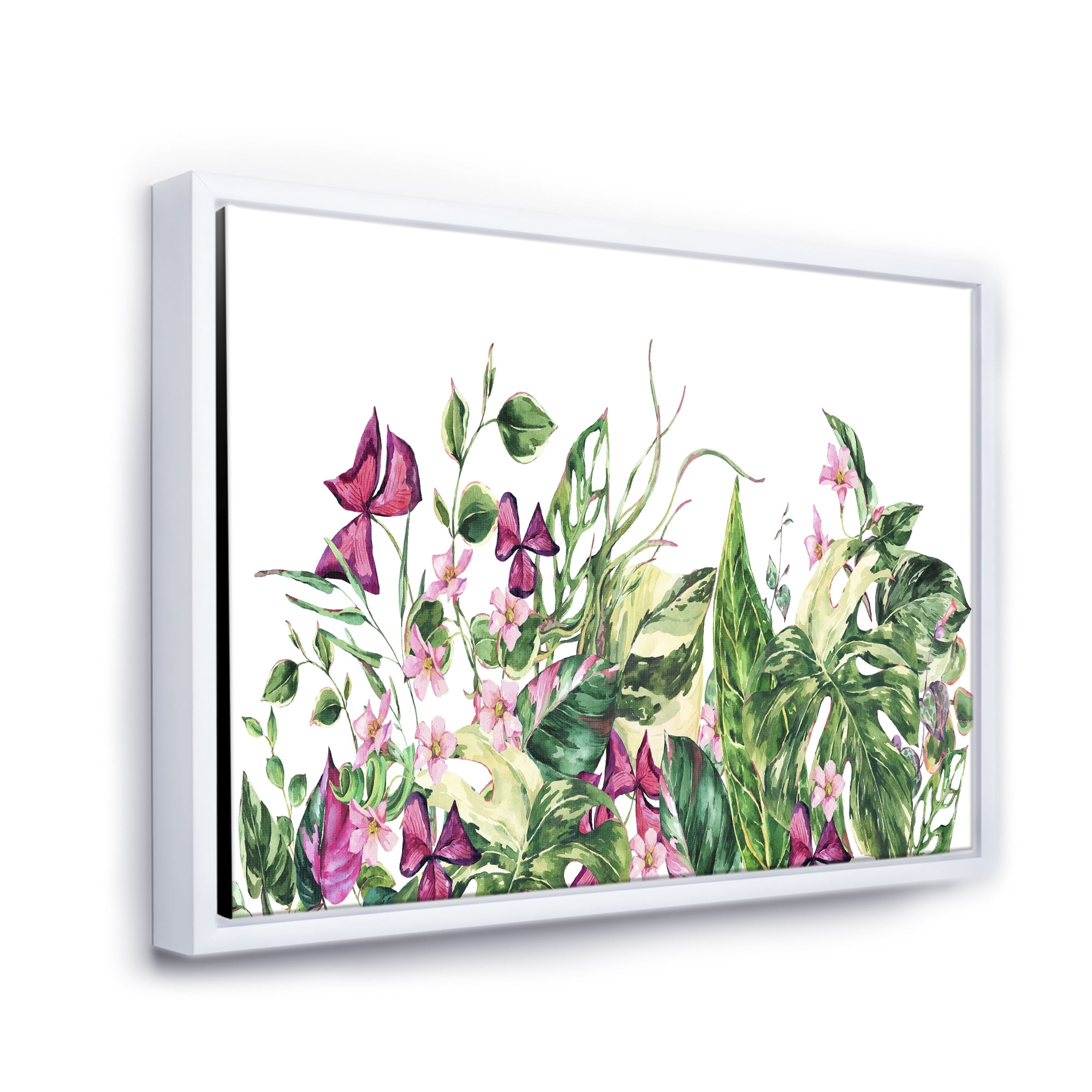 Designart 'Ancient Floral Tropical Leaves I' Tropical Framed Canvas Wall Art Print