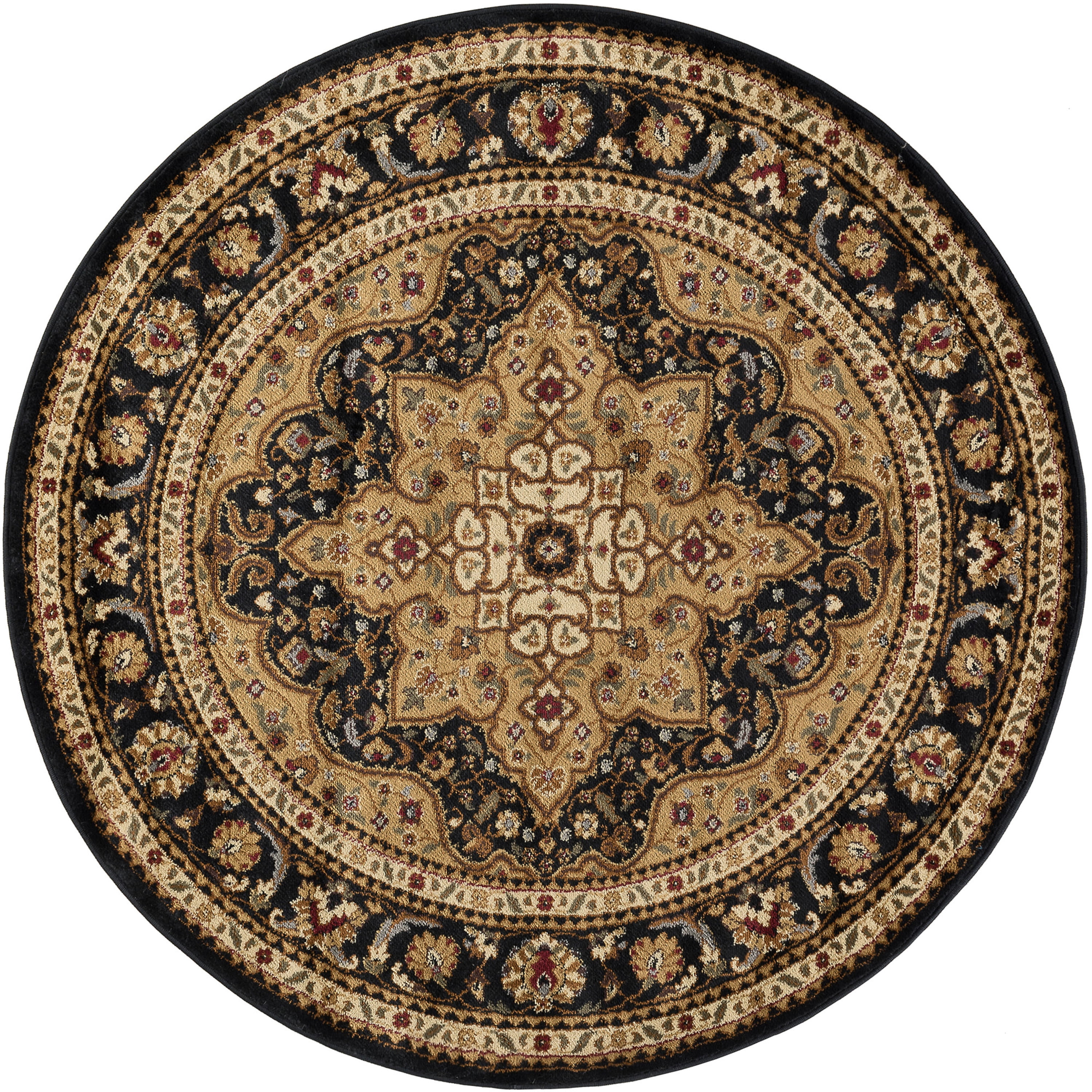 Traditional Area Rug (5'3'' Round) Oriental Black, Gold Indoor Round Easy to Clean