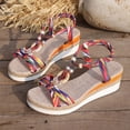 thumbnail image 5 of Wedge Sandals for Women Color Block Strappy Beaded Platform Espadrilles Elastic Ankle Strap Summer Comfy Walking Shoes Beige Size 7, 5 of 8