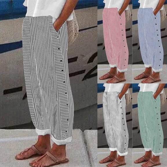 Women's Cotton Linen Blend Straight Leg Pants with Elastic Waist and Side Pockets Comfortable Loose Fit Casual Trousers