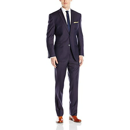 Andrew Marc Men's Carlton Regular Fit 2 Button Side Vent Notch Lapel Micro Tonal Stripe Solid Suit, Navy, 42 Long