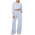 thumbnail image 2 of Bloomae Women 2 Piece Outfits Sweatsuit Set Waffle Knit Long Sleeve Crewneck Pullover Sweatshirt Wide Leg Sweatpant with Pockets Loose Lightweight Comfy Lounge Set Tracksuit Blue XXL, 2 of 7