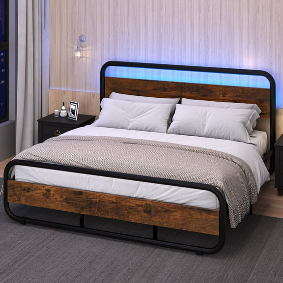 4 EVER WINNER King Size LED Bed Frame, Black Metal Platform Bed Frame with LED Headboard, Rustic Wood Headboard, No Box Spring Needed, Black and Brown