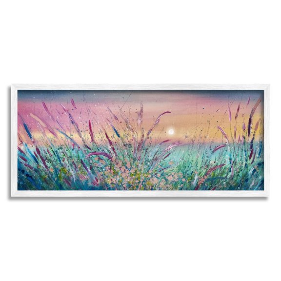 Sunset Sky Pond Reeds Sprouting Landscape Painting White Framed Art Print Wall Art
