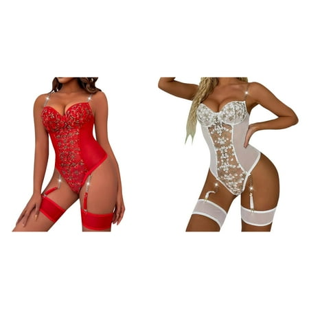 2-Pack Women Lace Mesh Floral Embroidery Chain Linked Garter Teddy Bodysuit With Leg Ring Lingerie Underwear Push up Lingerie for Women Lingerie for Women plus Size Lingerie for Women