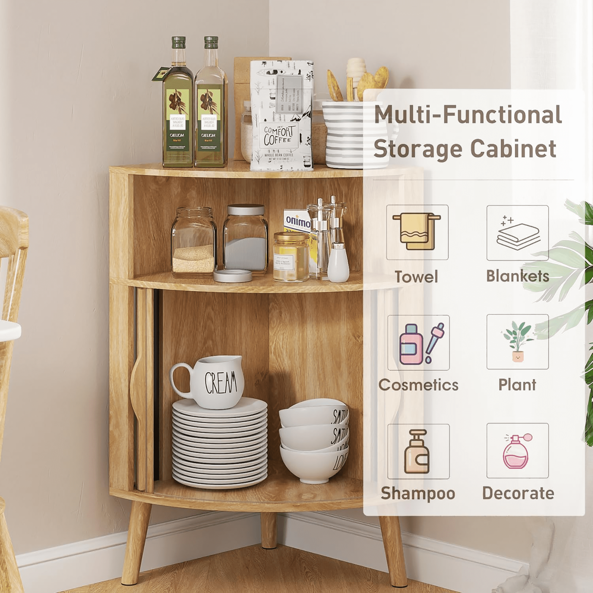 Fluted Bathroom Corner Storage Cabinet, Small Corner Floor Cabinet with Doors and Shelves, Freestanding Narrow Cabinets Organizer for Bathroom, Living Room, Kitchen, Natural