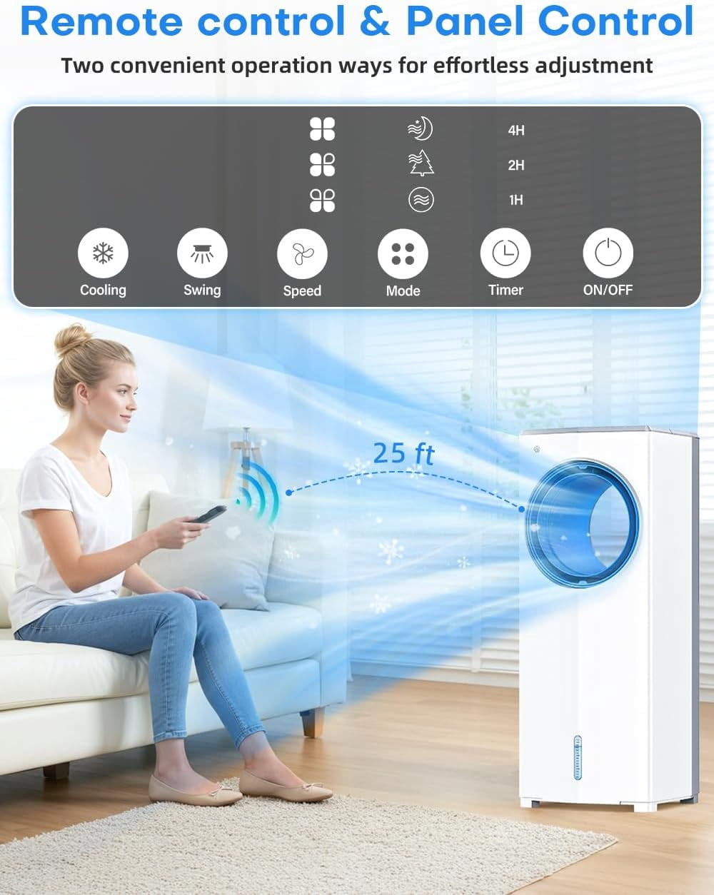 Windowless Portable Air Conditioner, 27" Bladeless Evaporative Air Cooler, Dual Tanks for 24H Cooling, 4 Modes & 3 Speeds, 25FT Remote&Timer, 360° Swing Swamp Cooler Air Cooler Indoor
