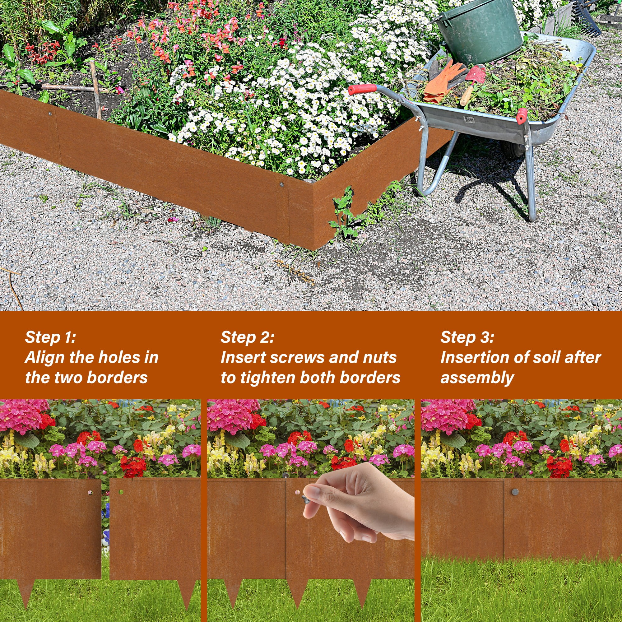 Rusty DIY Garden Edging for Landscaping Flower Bed Strips Corten Steel Metal Landscape Fence Borders Lawn Edge Divider Stakes Grass Plant Yard Outdoor Decorative No Dig Hammer-in, 6 Inches