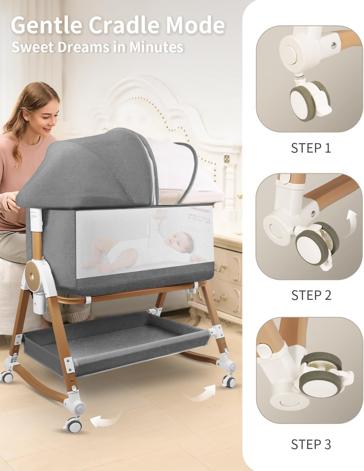 4 in 1 Baby Bassinet Bedside Sleeper W/ Wheels,Storage Basket, Adjustable 7 Heights,Mosquito Net,Breathable Mesh Cradle for Infants Toddler,Grey