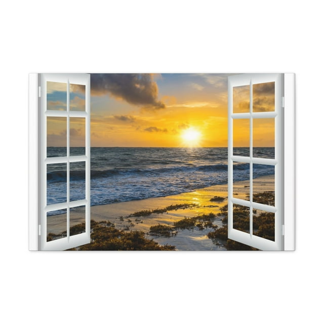 Canvas Print Wall Art Window Sunset Ocean Beach View Nature Photography Realism Scenic Landscape Colorful Multicolor for Home Decor Ready to Hang