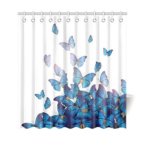 GCKG Volant Papillons Bleu Décoration de la Maison Tissu Polyester Rideau de Douche Ensembles de Salle de Bains avec des Crochets 66x72 Pouces