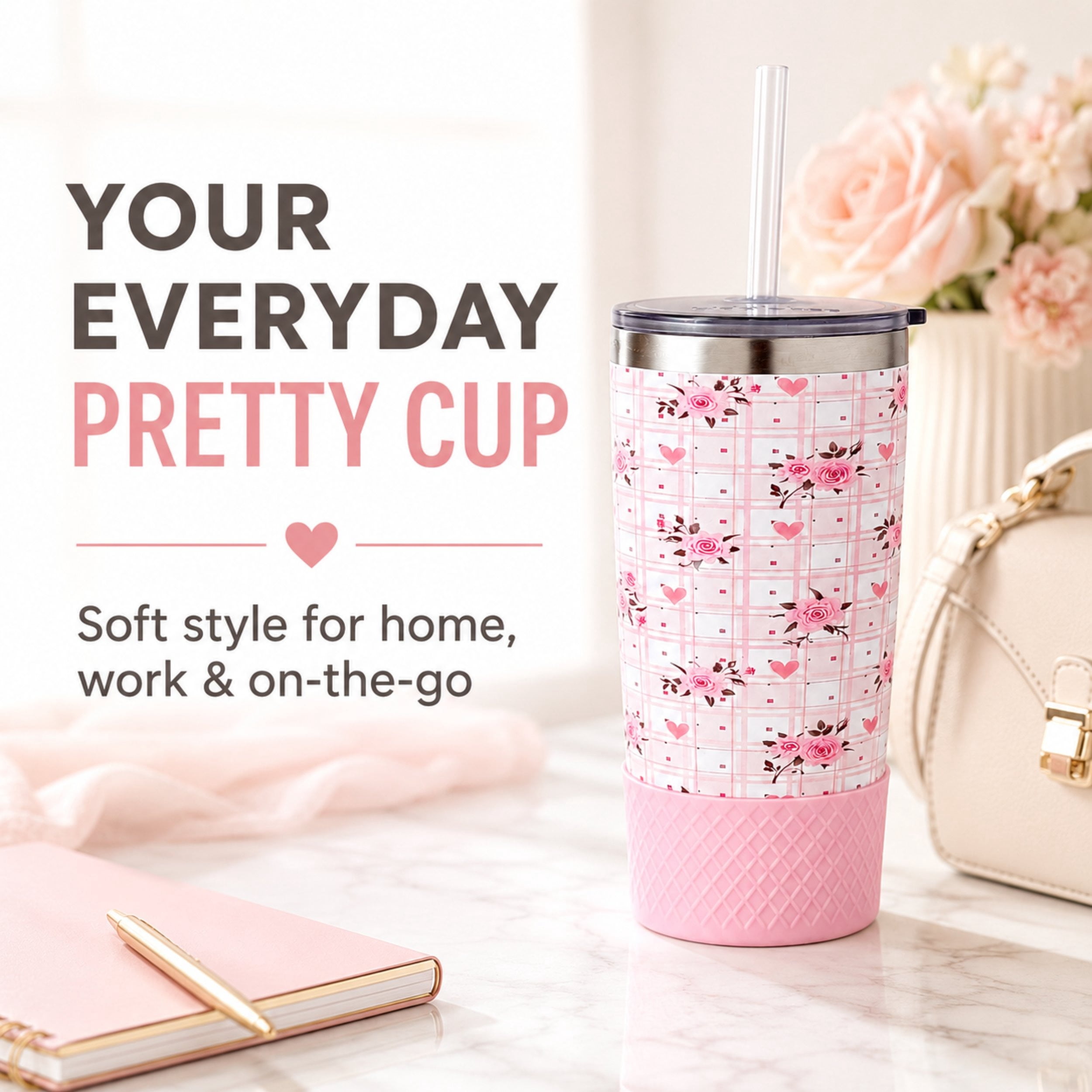 Biddlebee 20oz Insulated Stainless Steel Tumbler with Straw and Silicone Boot, Pink Roses