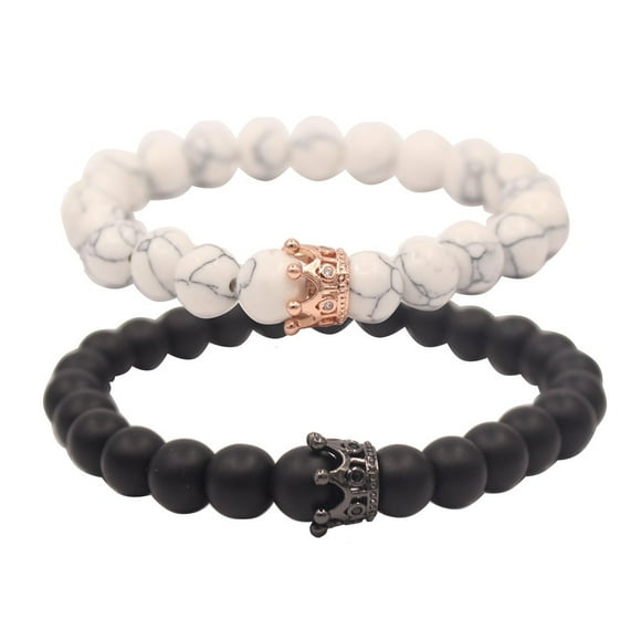 Distance Couple Bracelets with King&Queen Crown His&Hers Black Matte Agate Beads Bracele