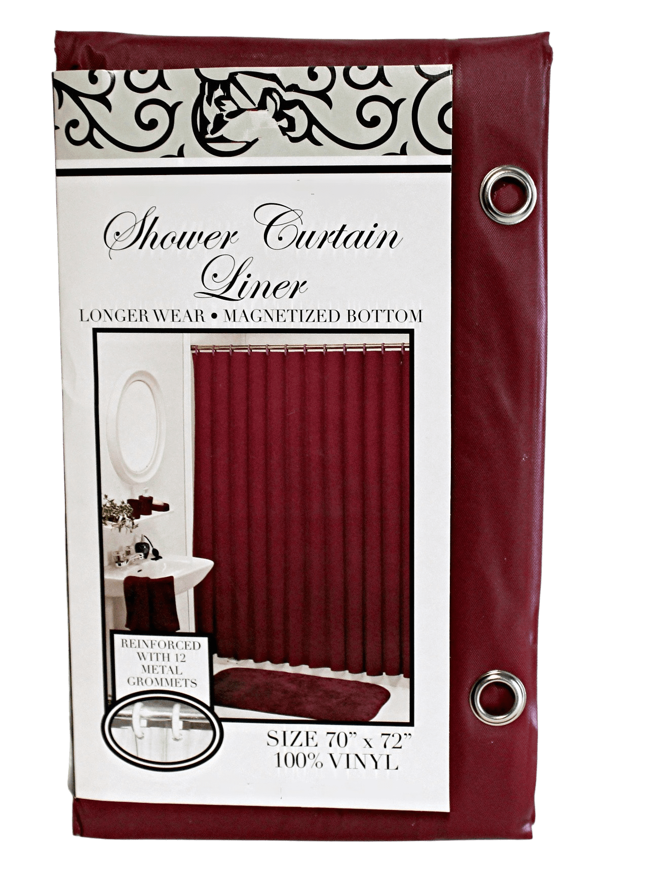 Shower Curtain Liner Burgundy PVC Lightweight Rustproof Metal Grommets, Weighted Magnetic Bottom 70" x 72"