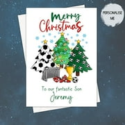 Personalized Christmas Card for Son – "Merry Christmas" with Soccer Theme, Trees, and Trophy – Customizable Envelope Included – Perfect Holiday Greeting for Kids