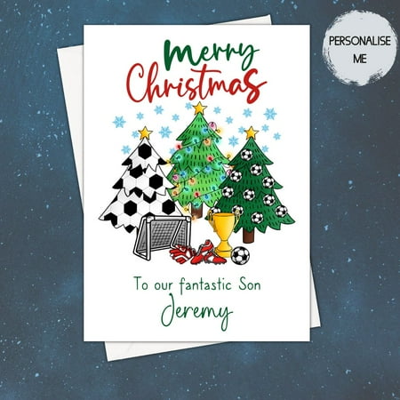 Personalized Christmas Card for Son – "Merry Christmas" with Soccer Theme, Trees, and Trophy – Customizable Envelope Included – Perfect Holiday Greeting for Kids