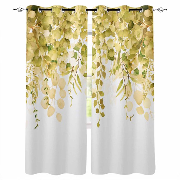 Fsddascl Yellow Eucalyptus Leaves Blackout Curtains for Bedroom/Living Room, Thermal Insulated Kitchen Curtains, Spring Floral Summer Botanical Grommet Darkening Window Treatment Drapes 42"x84"x2