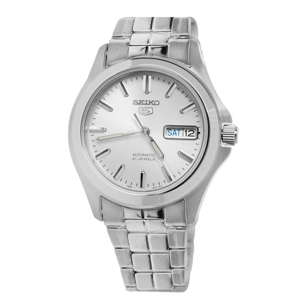 Seiko Reloj SNKK87 Automático para Hombre, 5 Unidades, Esfera con Fecha y Día, Pulsera de Acero Inoxidable Plateada, Nuevo