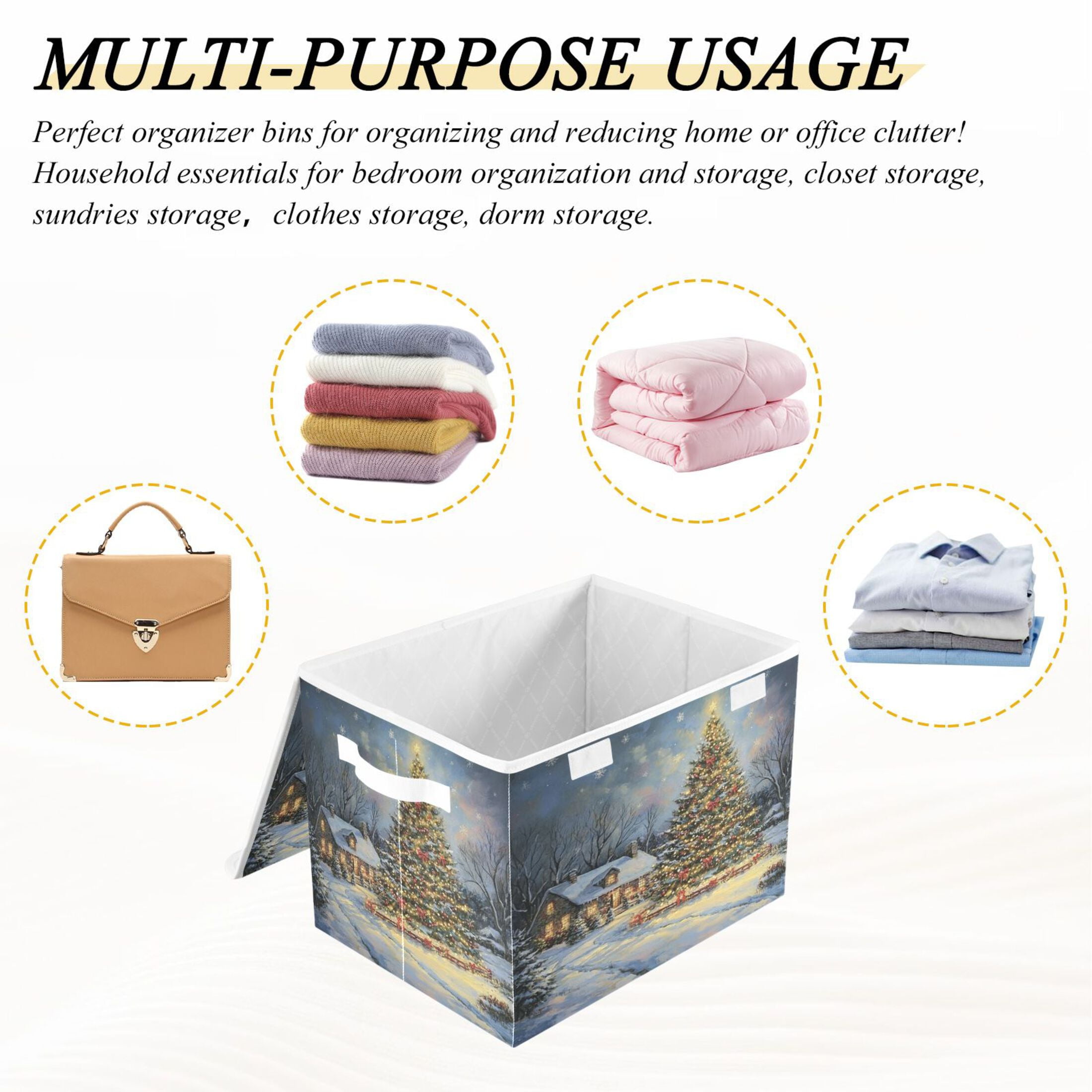 Storage Box With Lid 16.5x12.6x11.8In Foldable Stacked Household Storage Box Christmas House and Tree Picture