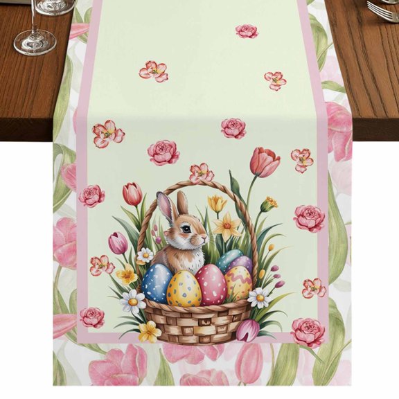 Table Runners 72 Inches Long Dress Scarves, Easter Farmhouse Kitchen Table Runner, Coffee Tablerunners, Spring Rabbit Colorful Eggs Flowers Leaves Plants 14x72 Inch