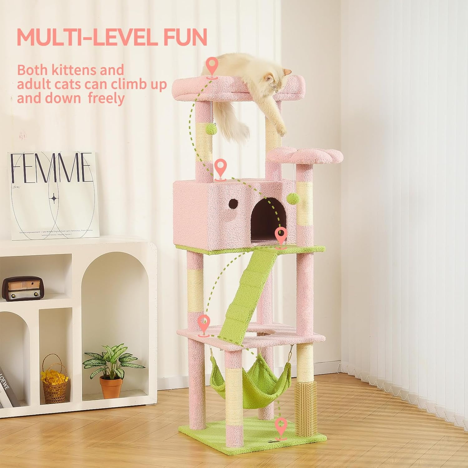 65-Inch Flower  Tree for Large Cats, Pink  Tower with  Large Condo, 2 Perches, Spacious Hammock and 6 Sisal Scratching Posts for Indoor Cats