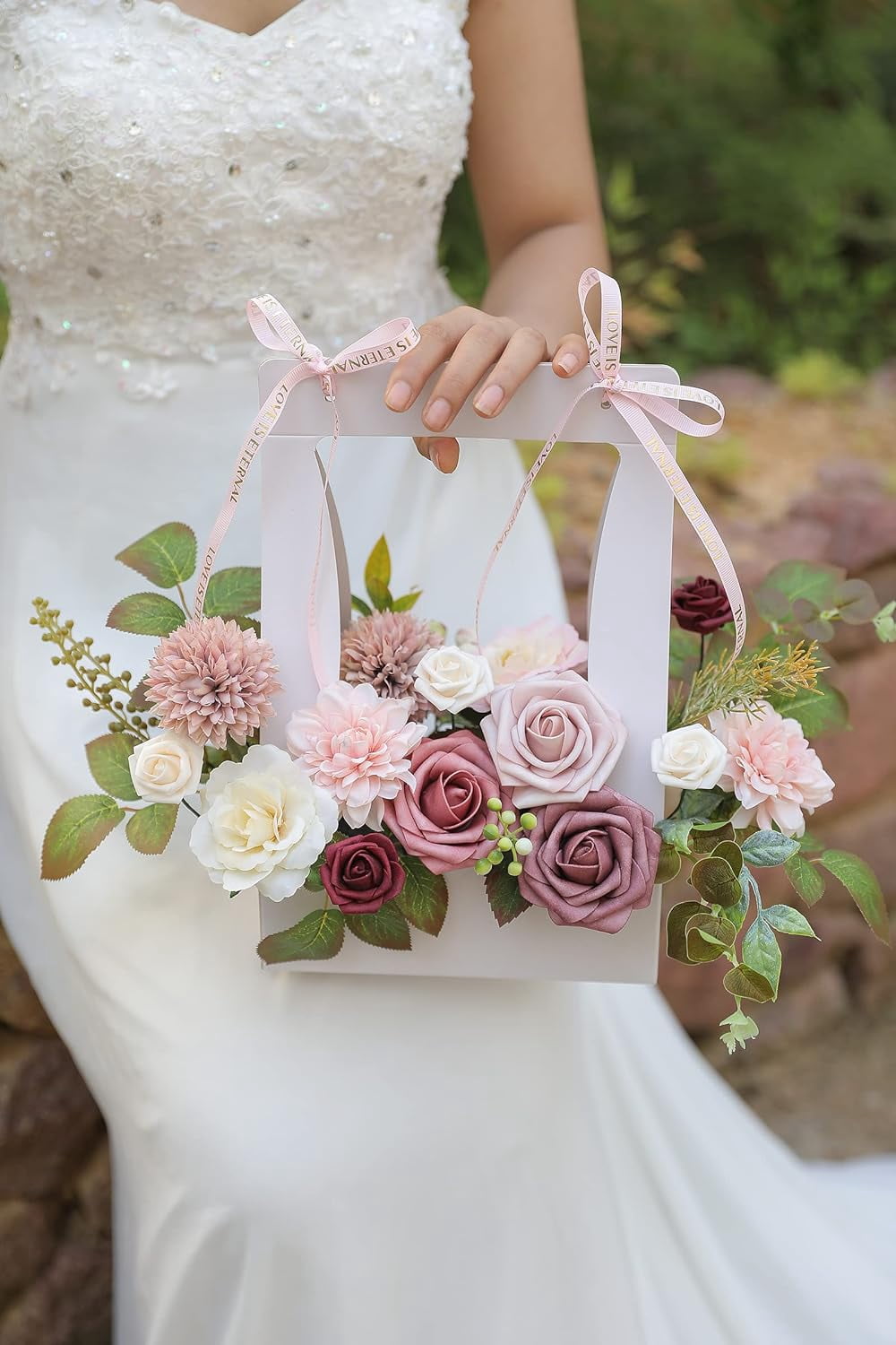 Artificial Flowers Combo Box Set Gradient Color Flower Leaf with Stems for DIY Wedding Bouquets Centerpieces Baby Shower Party Home Decorations（Pink Purple）