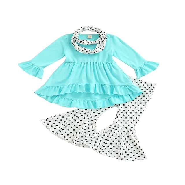 EIMELI Toddler Baby Girls Spring Princess Flare Pants Set O-Neck Ruffles Tops + Bell Bottom Pants Headband