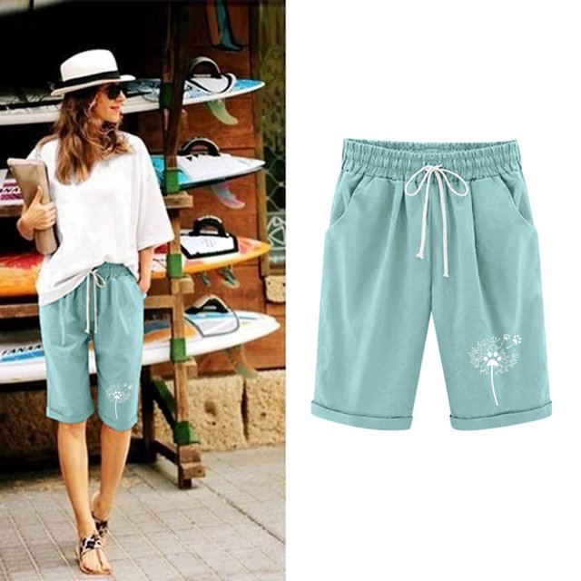 MKLEKYY Pantalones Cortos de Mezclilla para Mujer, de Verano, Estampados de Lino, con Cordón, Sueltos, Elásticos, Informales, para Playa (1)