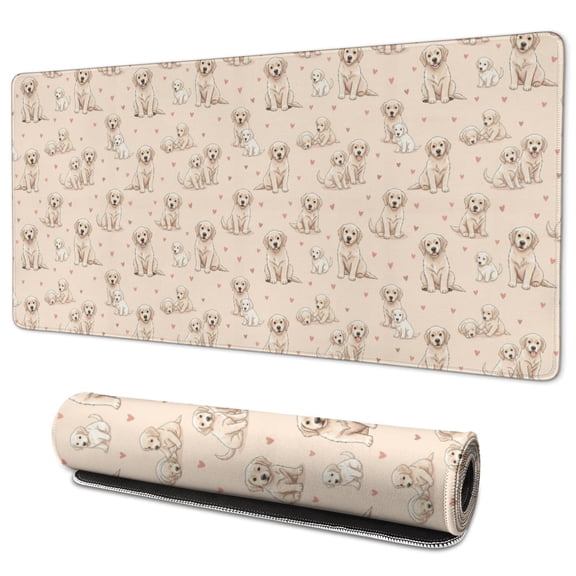35.4x15.7 Inch Gaming Mouse Pad, Non-Slip Stitched Rubber Desk Mat for Desktop & Laptop,Golden Retriever Pose Heart Beige Pattern