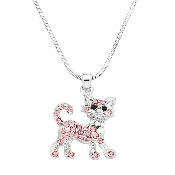 Cat Pendant Necklace Rhinestone Crystal Rhodium Plated 17 Inch Snake Chain J1011-PK