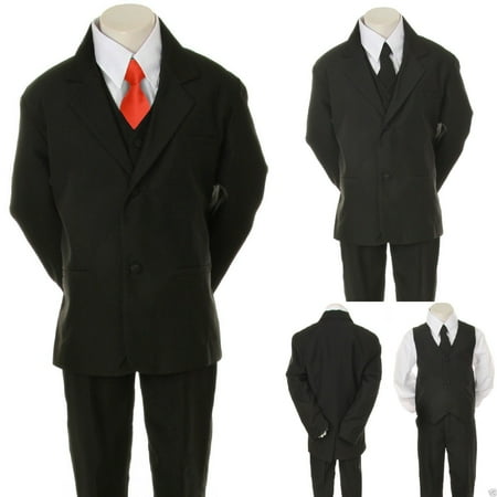 Infant Toddler Boys 6pc Wedding Formal Tuxedo Suit Black extra Red Necktie S-20